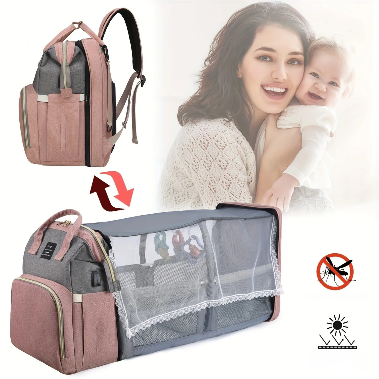 Sac à Langer Convertible avec Lit Parapluie et Poussette
