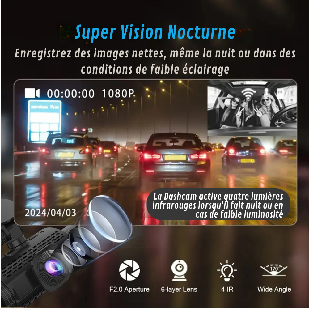 Caméra de bord 360° pour voiture avec enregistrement vidéo