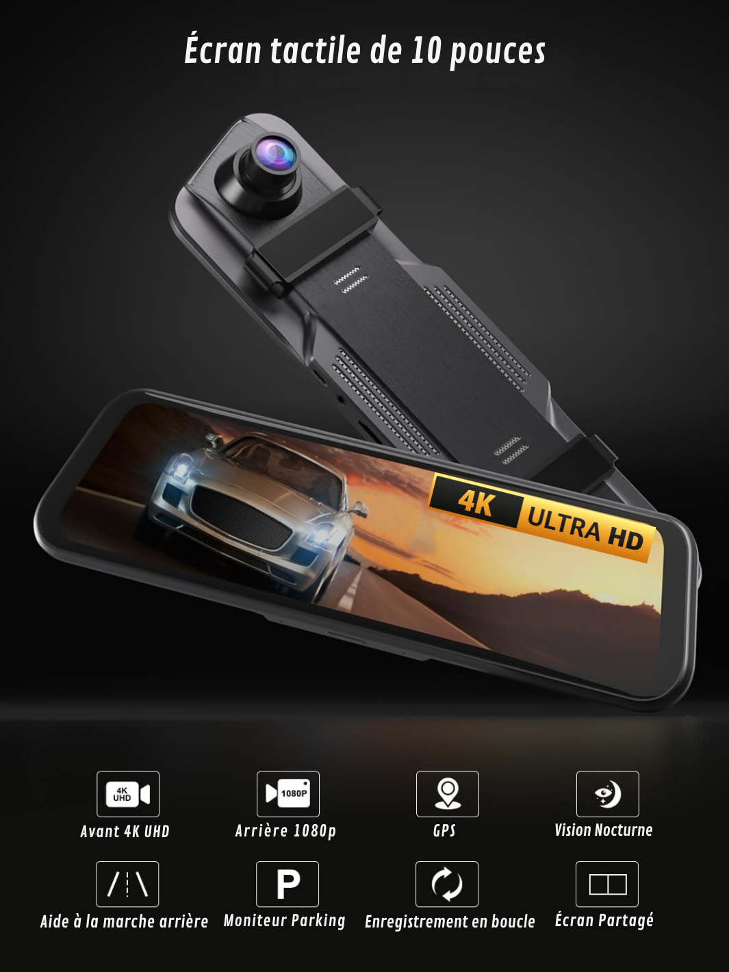 Rétroviseur Caméra 4K Avant/Arrière avec CarPlay et Enregistrement