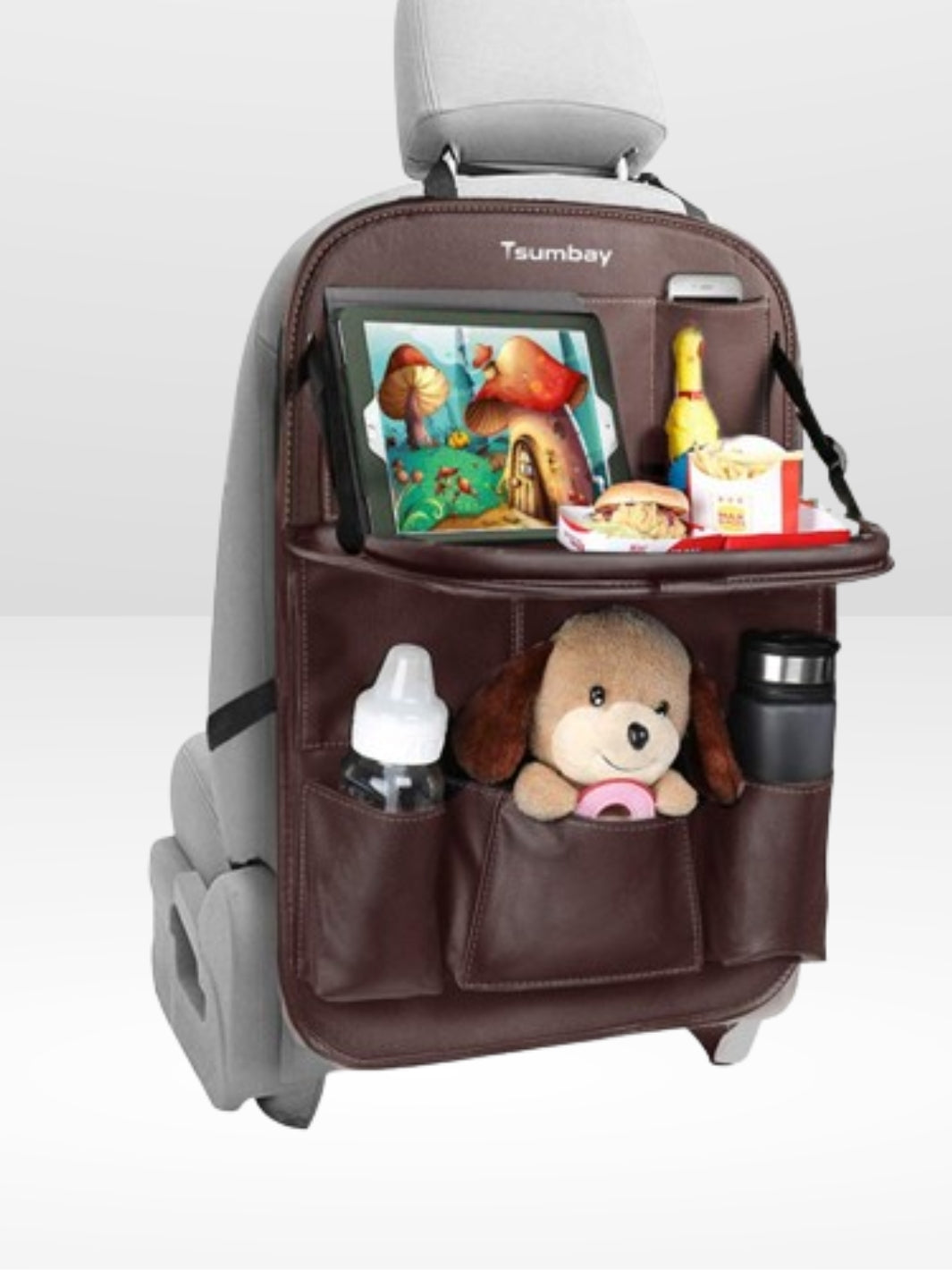 Support de siège auto avec plateau repliable en cuir